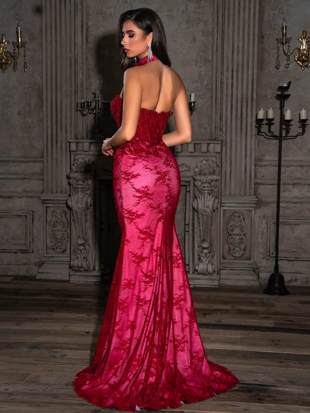 Red Lace Sheath-Column Strapless Zipper-Back Floor-Length Dress - Jimiss