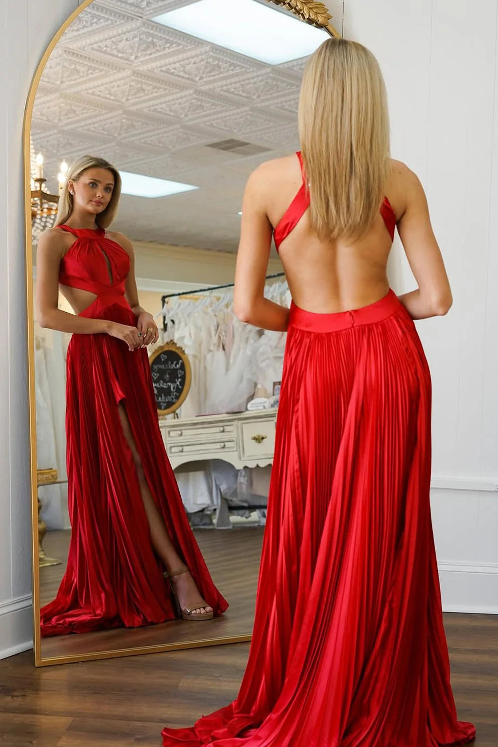Red Satin A-Line Halter Open-Back Floor-Length Dress Back View - Jimiss