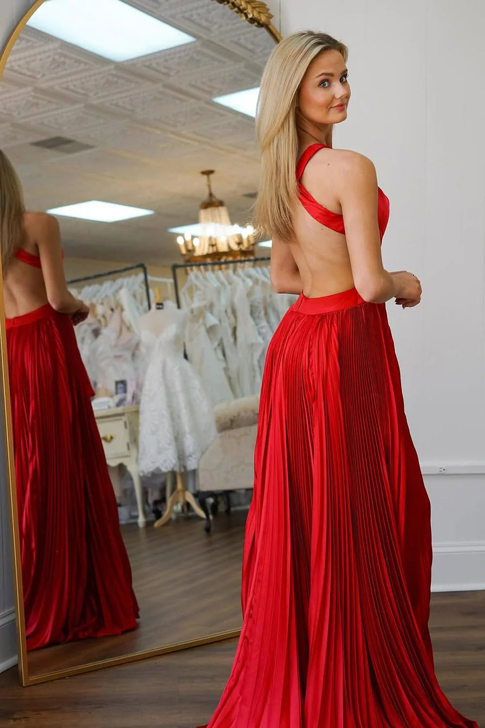 Red Satin A-Line Halter Open-Back Floor-Length Dress Back View - Jimiss