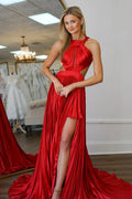 Red Satin A-Line Halter Open-Back Floor-Length Dress Front View - Jimiss
