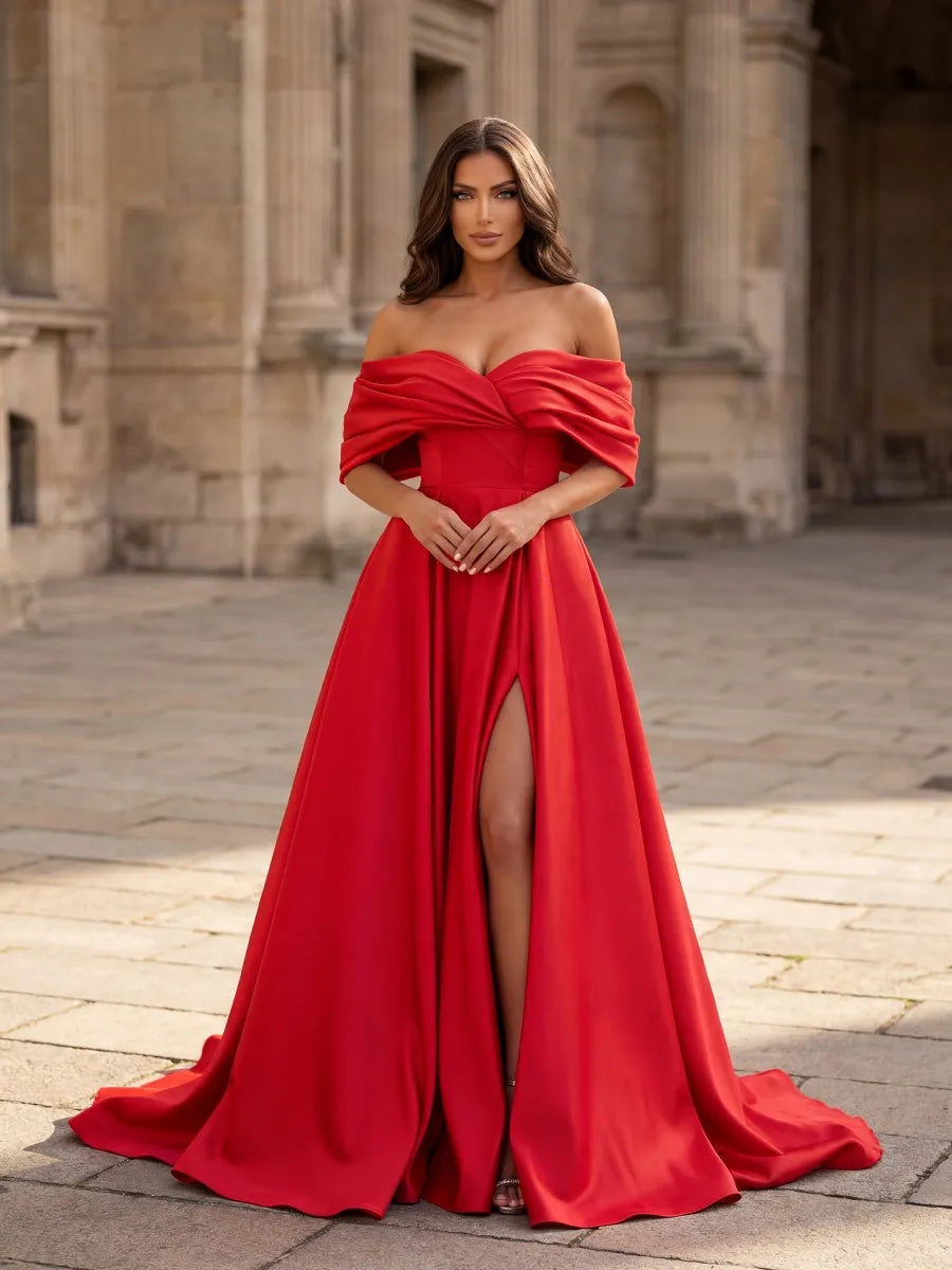 Red Satin A-Line Off-the-Shoulder Low-Back Floor-Length Dress - Jimiss