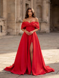 Red Satin A-Line Off-the-Shoulder Low-Back Floor-Length Dress - Jimiss