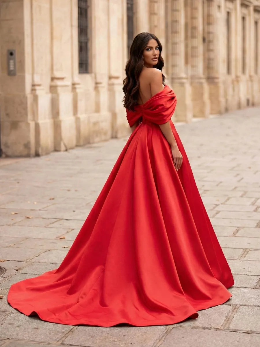 Red Satin A-Line Off-the-Shoulder Low-Back Floor-Length Dress - Jimiss
