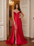 Red Satin A-Line Sweetheart Lace-up Floor-Length Dress - Jimiss