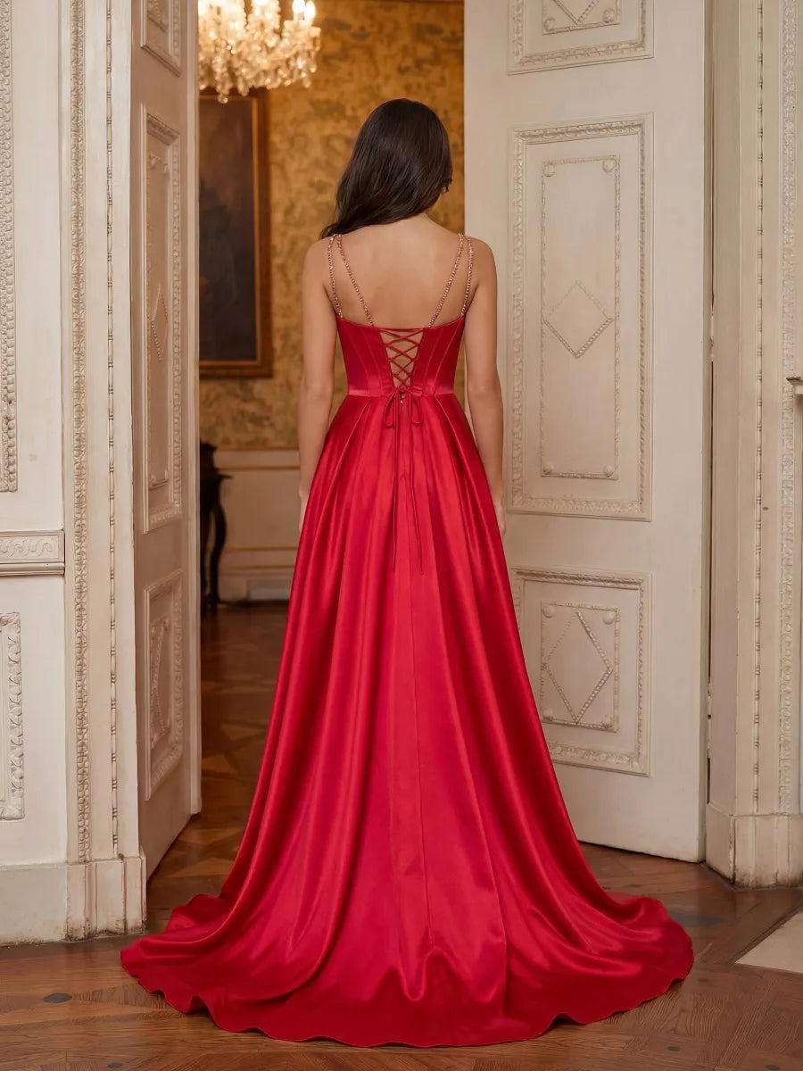 Red Satin A-Line Sweetheart Lace-up Floor-Length Dress - Jimiss