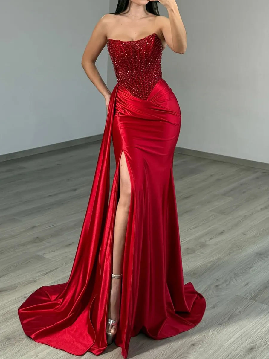 Red Satin & Beaded Mesh Mermaid Sweetheart Floor-Length Dress - Jimiss
