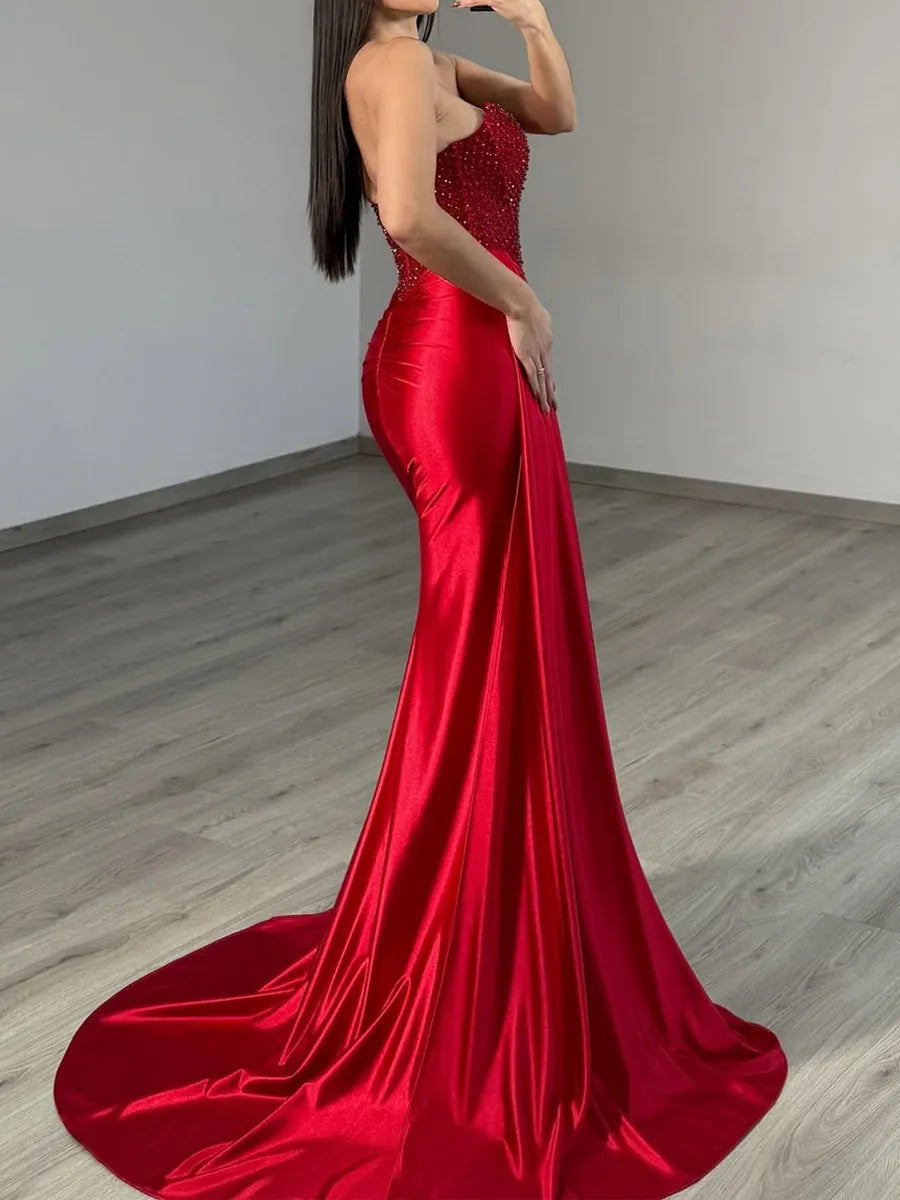 Red Satin & Beaded Mesh Mermaid Sweetheart Floor-Length Dress - Jimiss