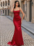 Red Satin Mermaid Cowl Neck Lace-up Floor-Length Dress - Jimiss