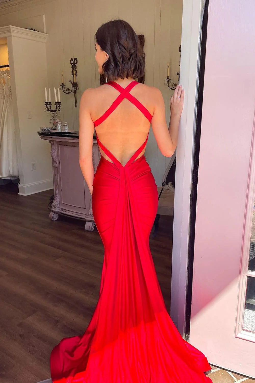 Red Satin Mermaid Plunging V-Neck Cross Back Floor-Length Dress Back View - Jimiss