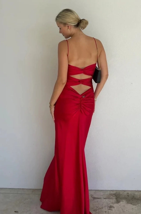 Red Satin Mermaid Plunging V Neck Open Back Floor Length Dress Back View - Jimiss