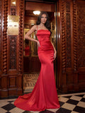 Red Satin Mermaid Straight Across Lace-Up Back Floor-Length Dress - Jimiss