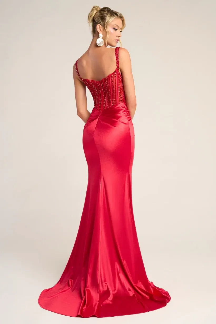 Red Satin Mermaid Sweetheart Low Back Floor Length Dress Back View - Jimiss