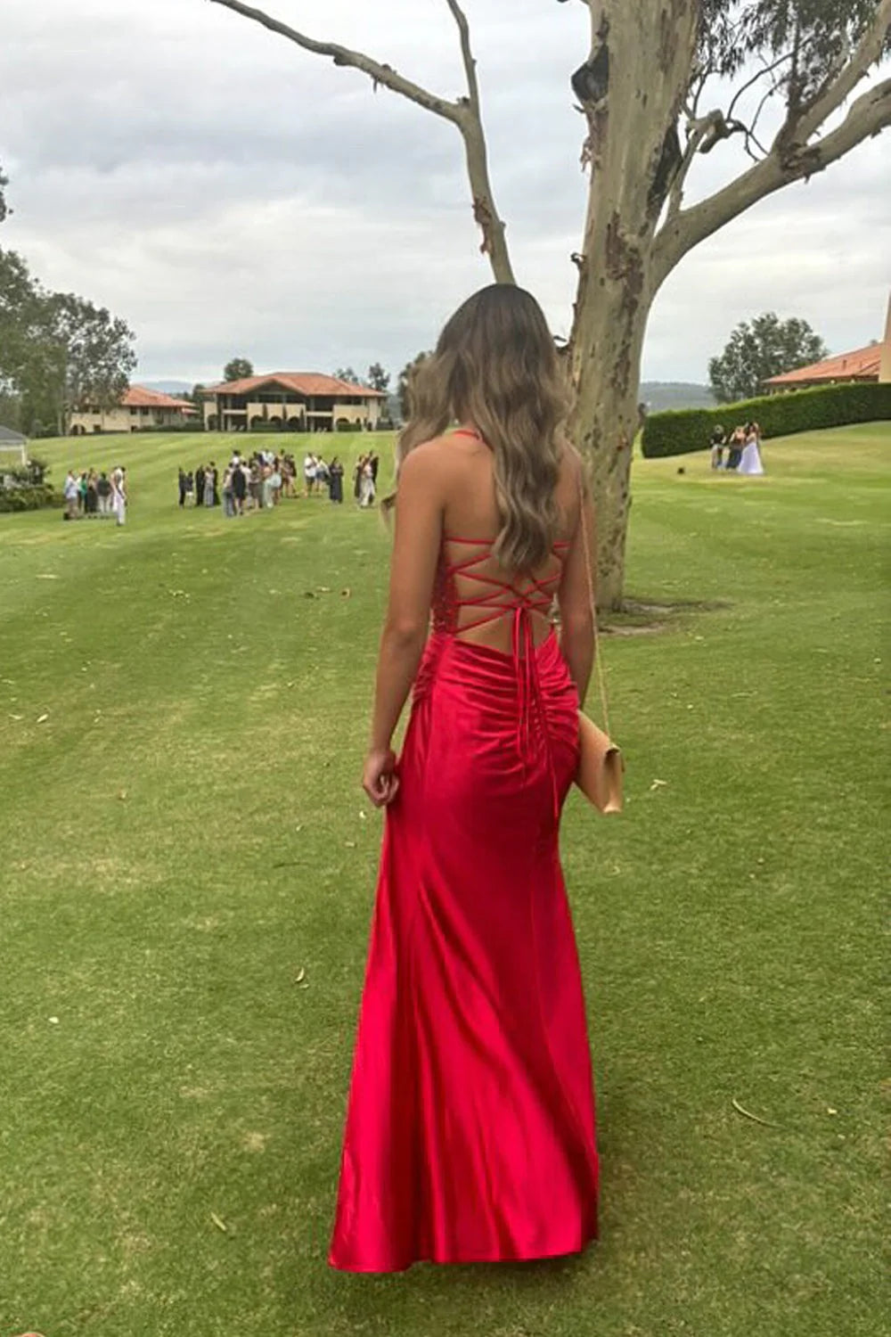 Red Satin Sheath/column Cowl Neck Lace-up Floor-Length Dress - Jimiss