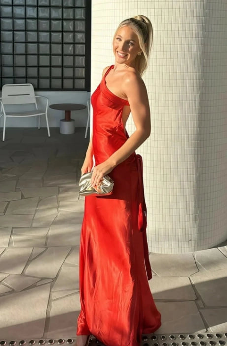 Red Satin sheath-column one-shoulder open-back floor-length Dress - Jimiss