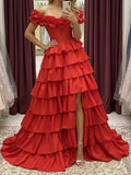 Red Taffeta tiered off-the-shoulder lace-up-back floor-length Dress - Jimiss