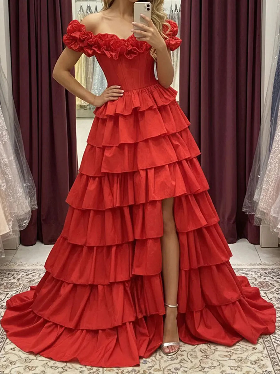 Red Taffeta tiered off-the-shoulder lace-up-back floor-length Dress - Jimiss