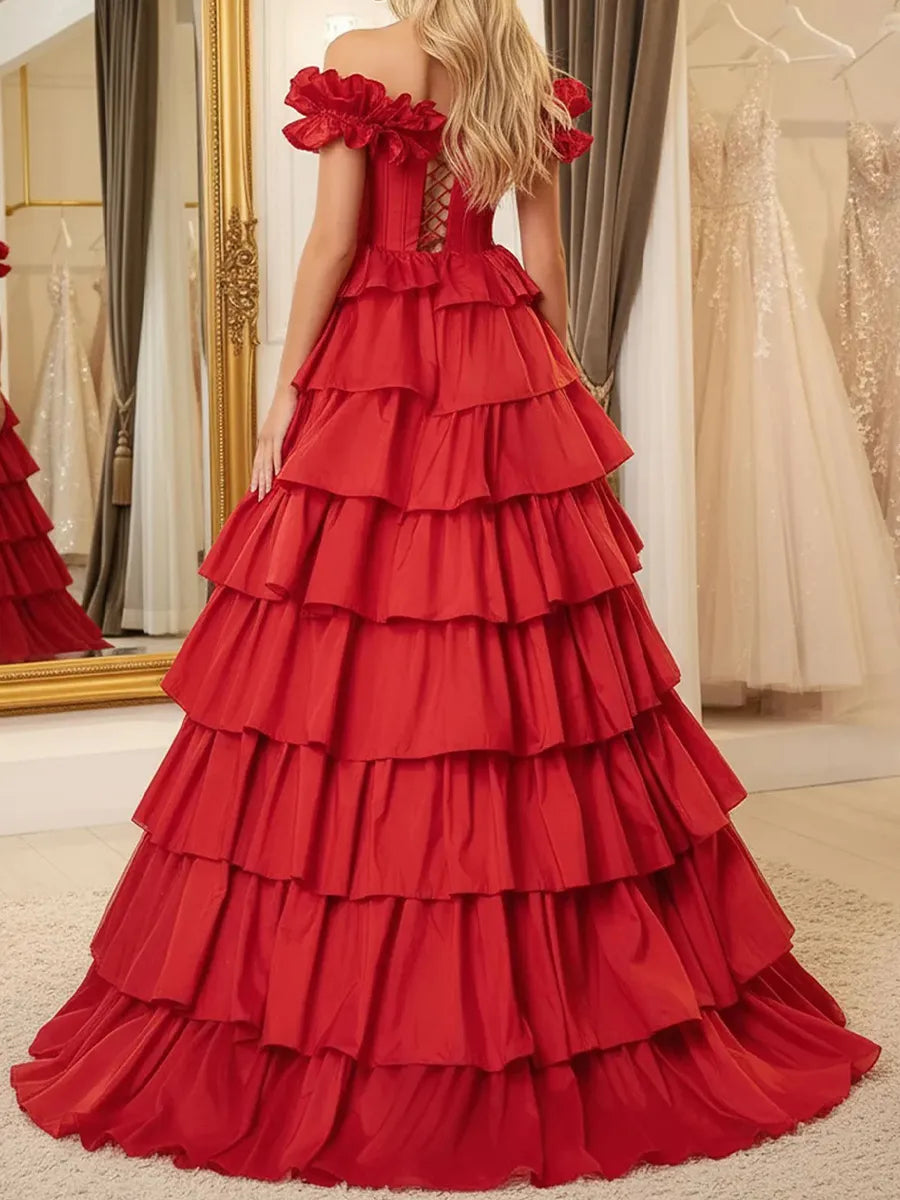 Red Taffeta tiered off-the-shoulder lace-up-back floor-length Dress - Jimiss