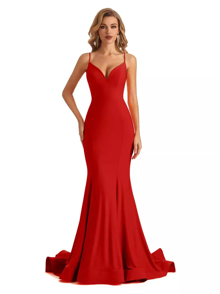 Vestido de dama de honor largo, formal, sin mangas, con escote en V y tirantes finos, de sirena, sexy