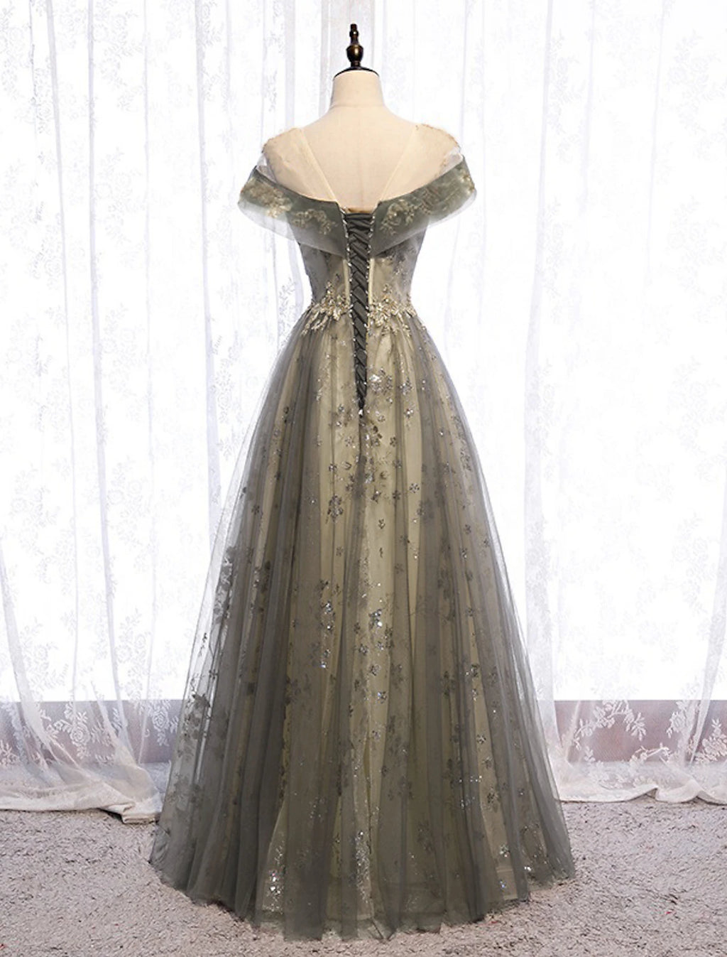 Sage Green Tulle A-Line Floor-Length Evening Dress with Illusion Off-the-Shoulder Neckline and Embroidered Bodice