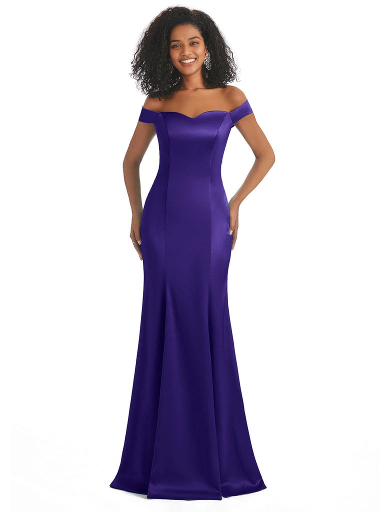 Vestidos de dama de honor largos, sencillos, de satén suave, sin mangas y con hombros descubiertos, de corte sirena