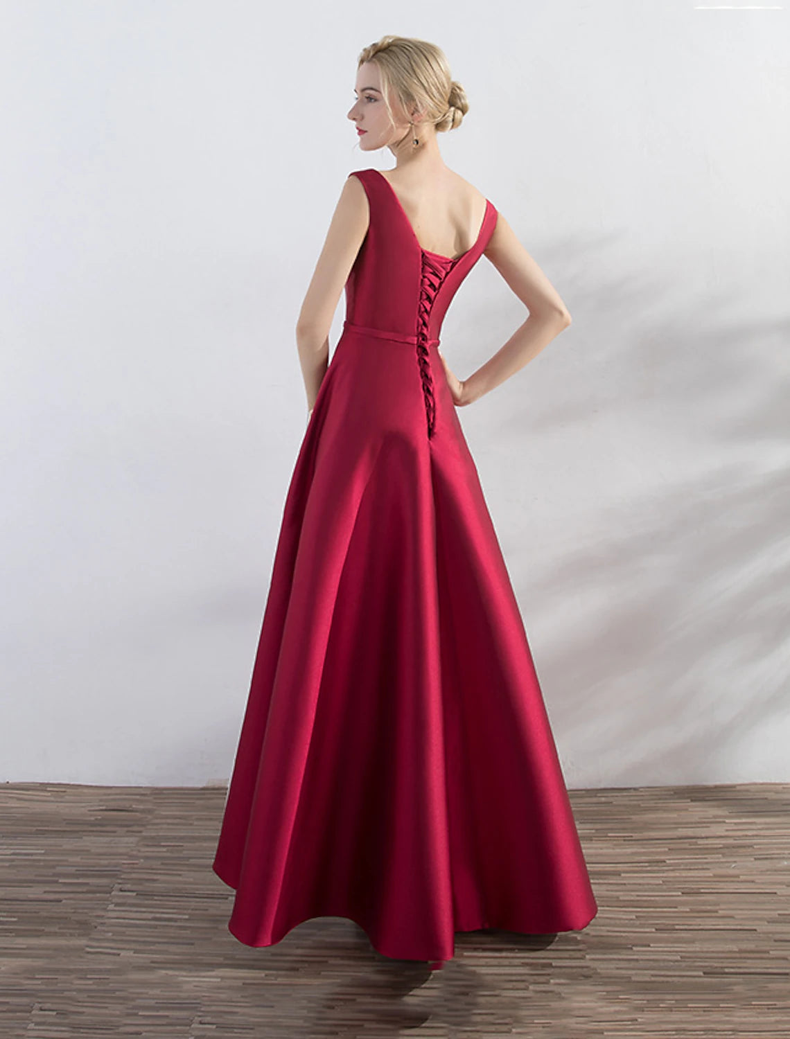 Burgundy Satin A-Line Tea-Length Dress with Boat Neck