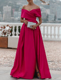 Vestido de noche de corte A, vestido de fiesta, estilo celebridad, vestido formal de boda, cola de corte, sin mangas, hombros descubiertos, vestido de dama de honor de satén con abertura fruncida