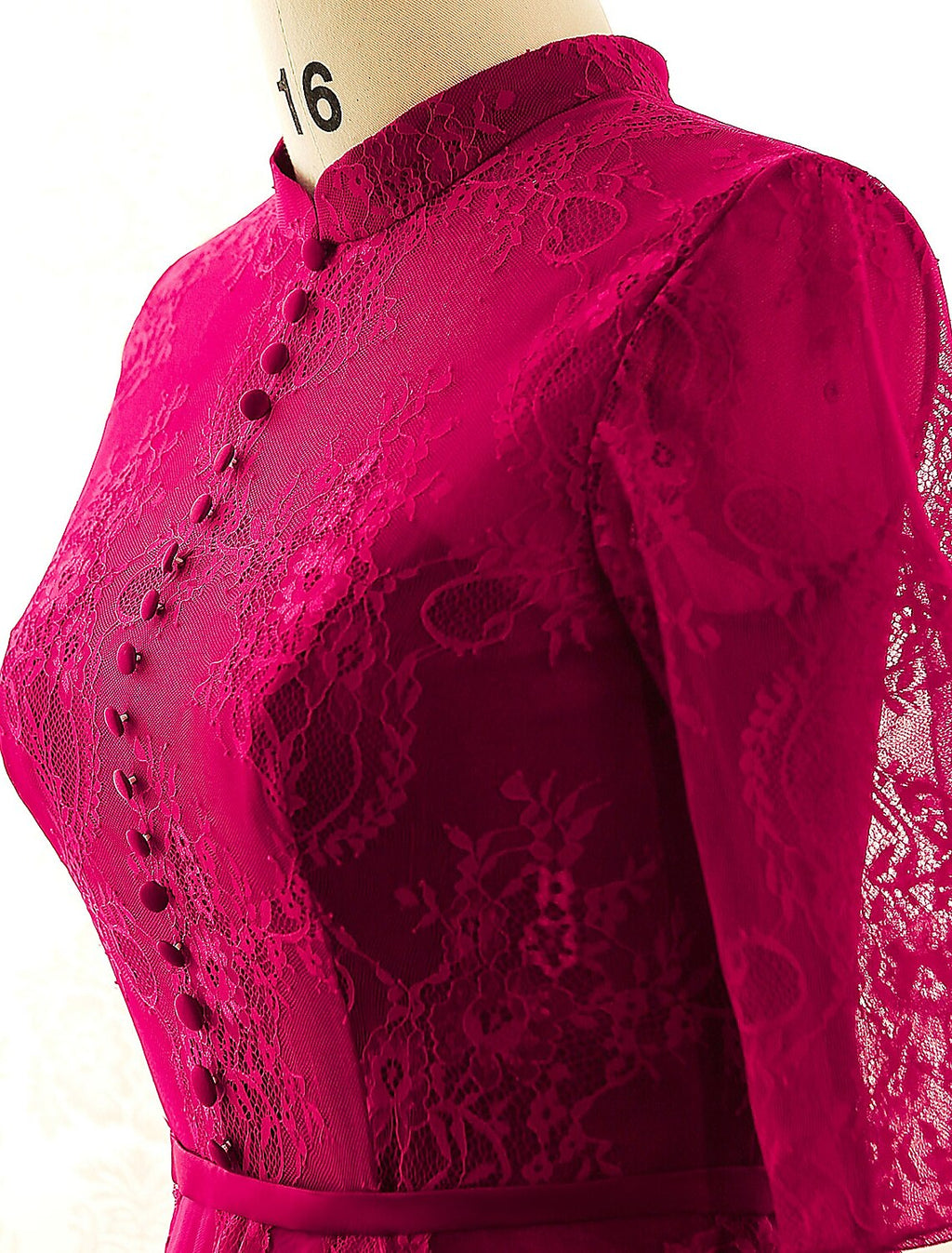 Vestido de noche formal de estilo chino, corte A, talla grande, para compromiso, cuello alto, media manga, largo hasta el suelo, encaje con botones