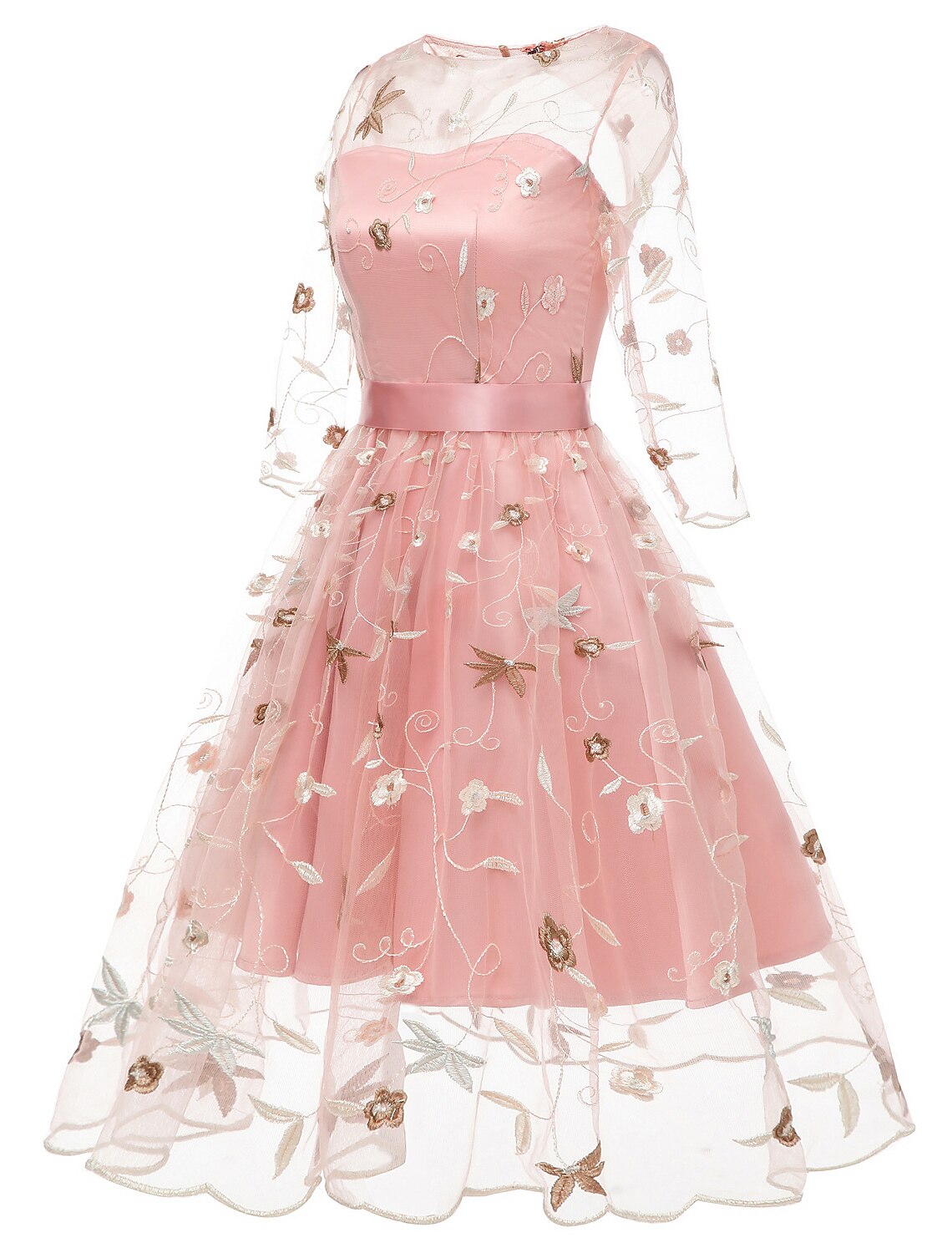 Vestido de cóctel de corte A, floral, para invitados de boda, largo hasta la rodilla, media manga, cuello joya, tul con apliques bordados