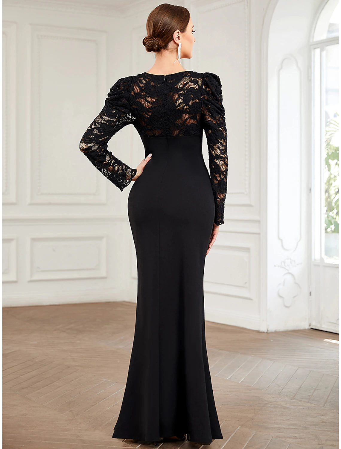 Abito da sera a trapezio, vintage, formale, da ballo, lungo, manica lunga, scollo a V, in pizzo, colore puro
