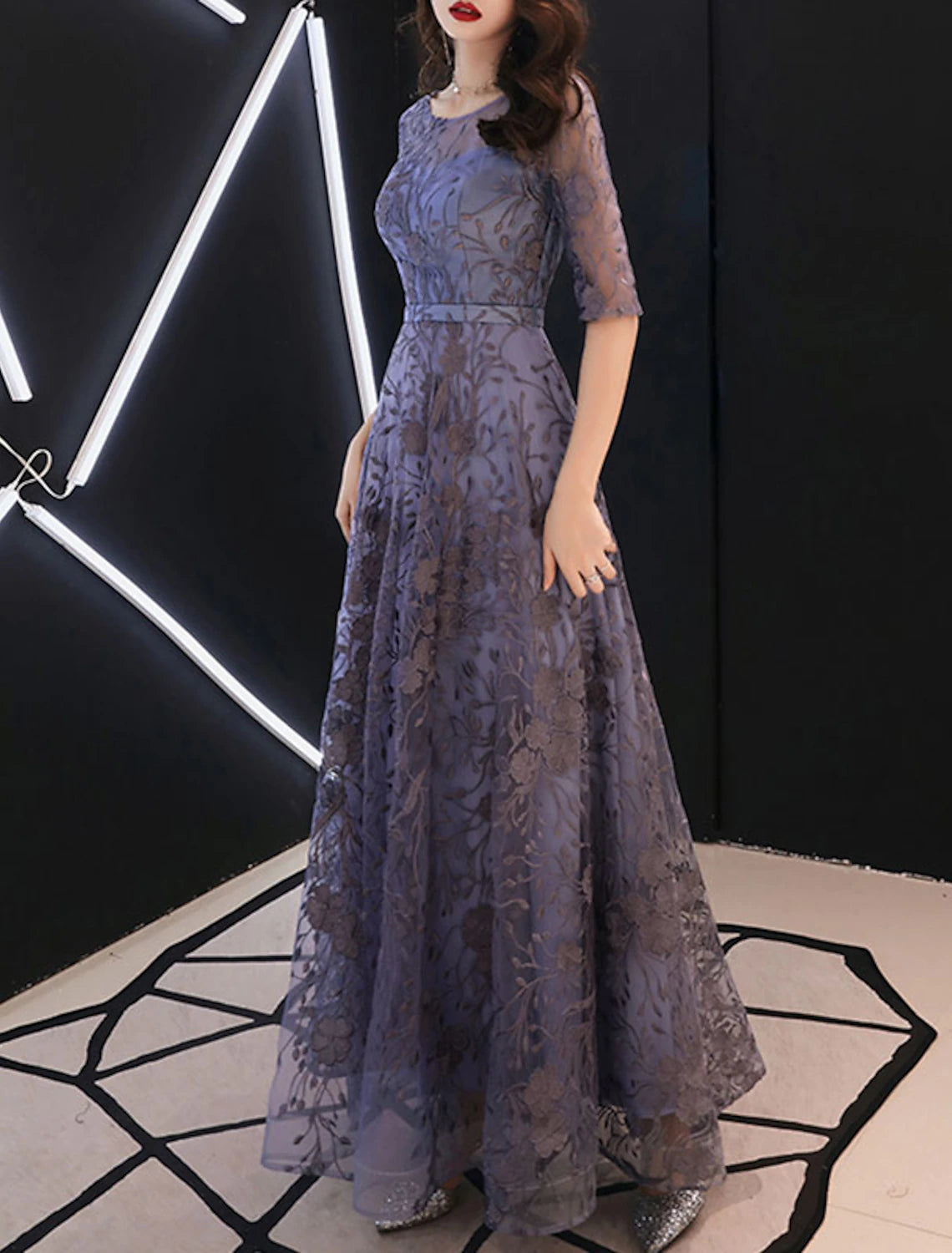 Abito da sera a trapezio, abito floreale, abito da cerimonia per invitati a nozze, lunghezza al pavimento, mezza manica, scollo gioiello, tulle con motivo ricamato/stampa 2025