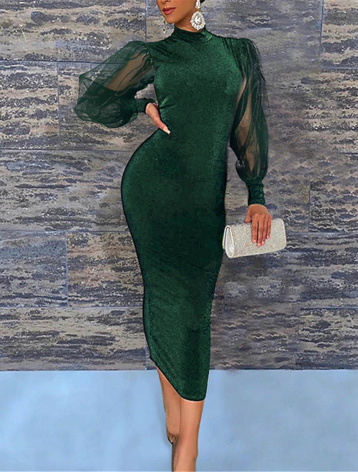 Sheath / Column Wedding Guest Dresses Elegant Dress Party Wear Semi Formal Tea Length Long Sleeve High Neck  Chiffon with Pure Color