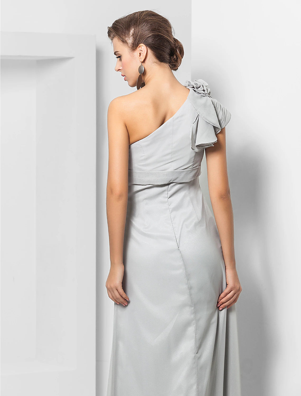 Vestido elegante de fiesta para invitados de boda, de noche, largo hasta el suelo, sin mangas, con un hombro al descubierto, de gasa, con apliques de faja o cinta.