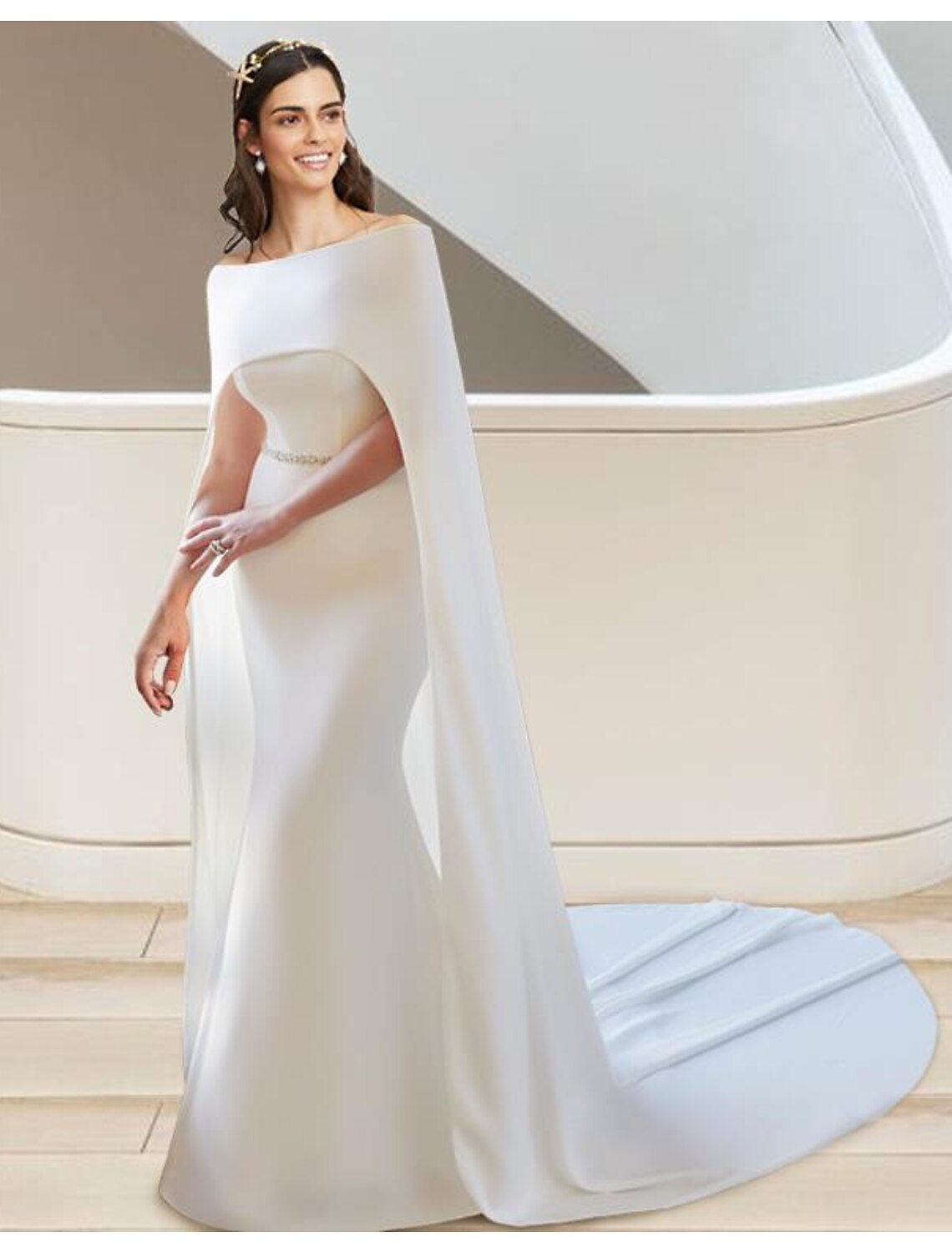 Ivory Crepe Off-the-Shoulder Sheath/column Floor-Length Bridesmaid Dress with Integrated Cape and Sweep Train