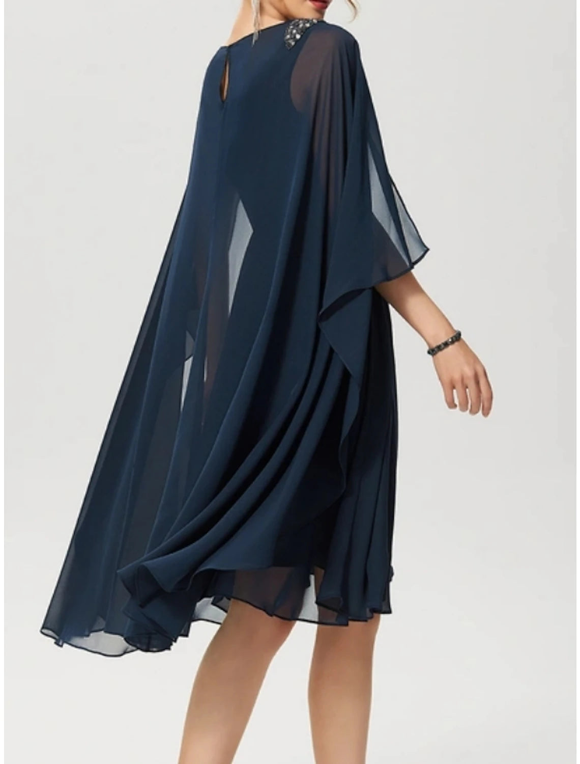 Dark Navy Chiffon A-Line Knee-Length Dress with V-Neck, Draped Bodice & Sheer Cape Sleeves