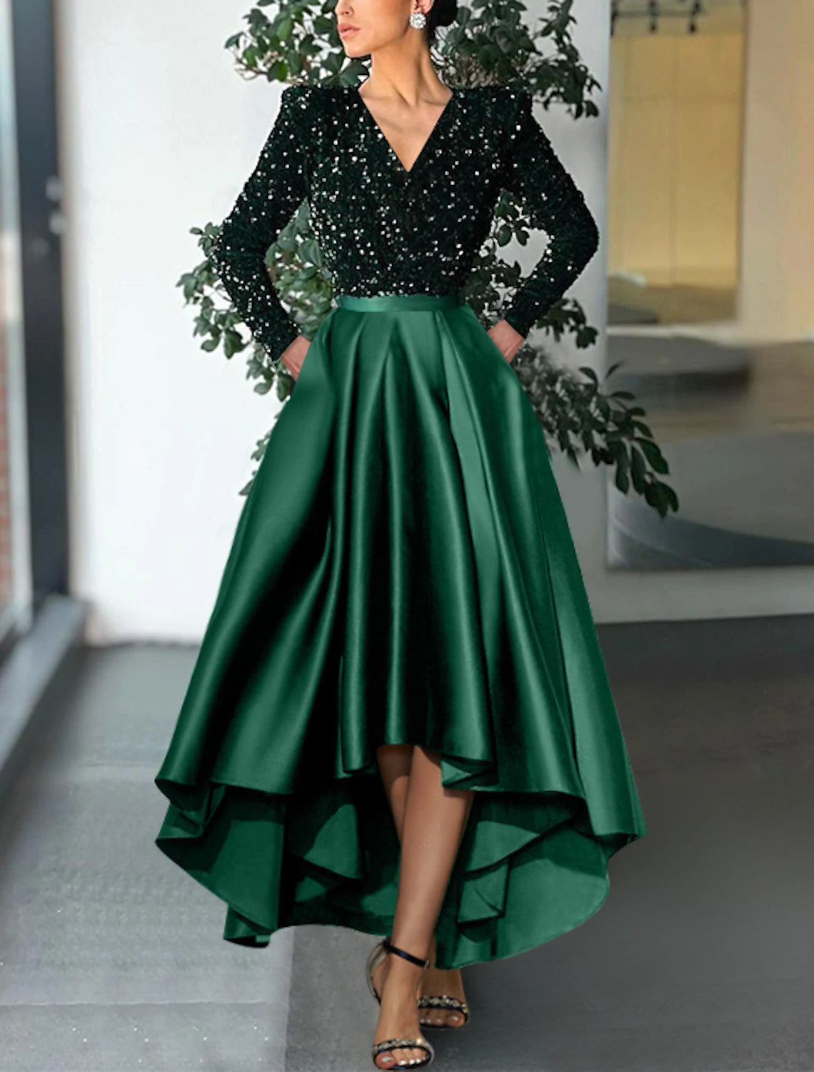 A-Line Cocktail Dresses Red Green Dress Formal Wedding Guest Tea Length Long Sleeve V Neck Sequined with Sequin