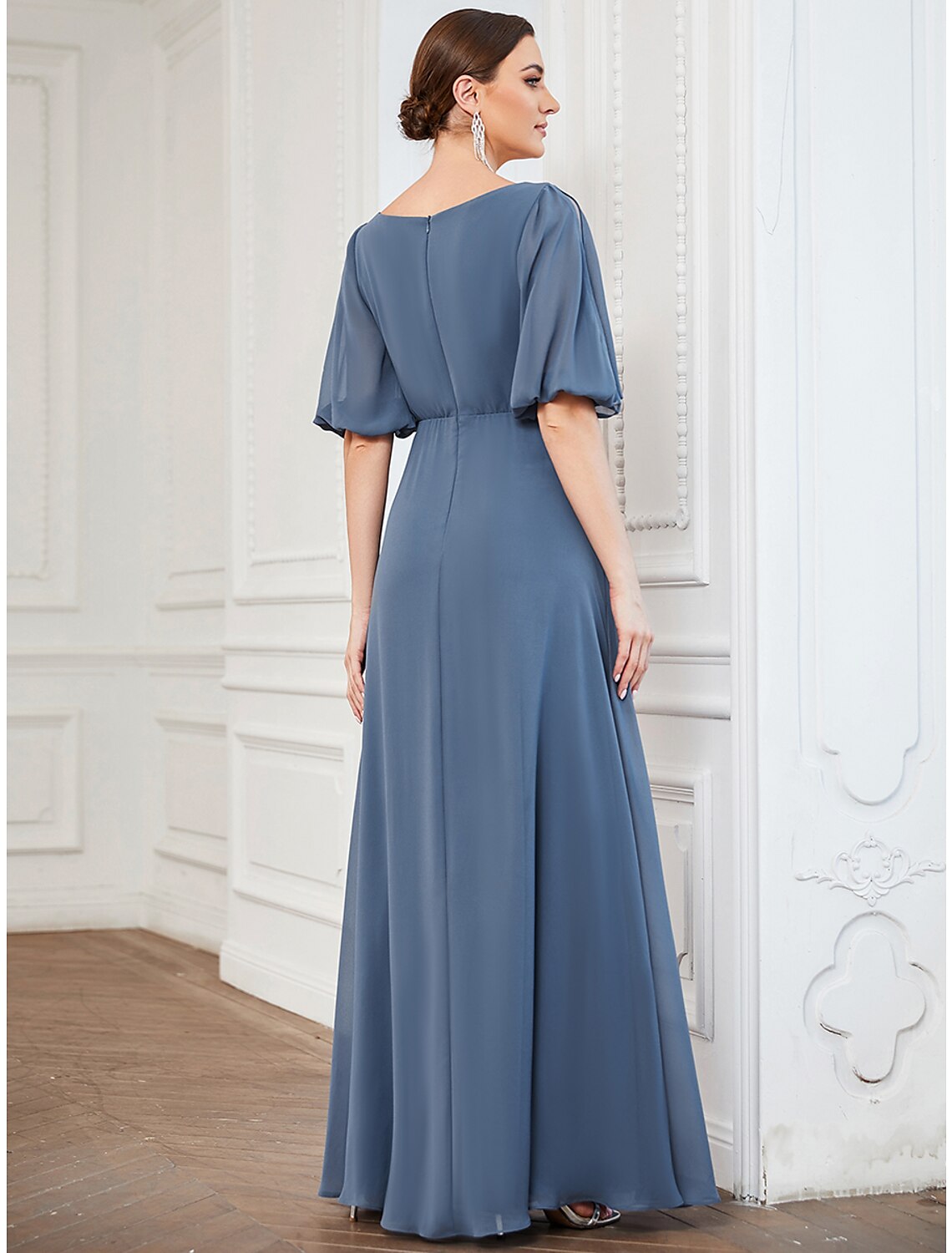 Dusty Blue Chiffon A-Line Floor-Length Bridesmaid Dress - Draped V-Neck & Flutter Sleeves
