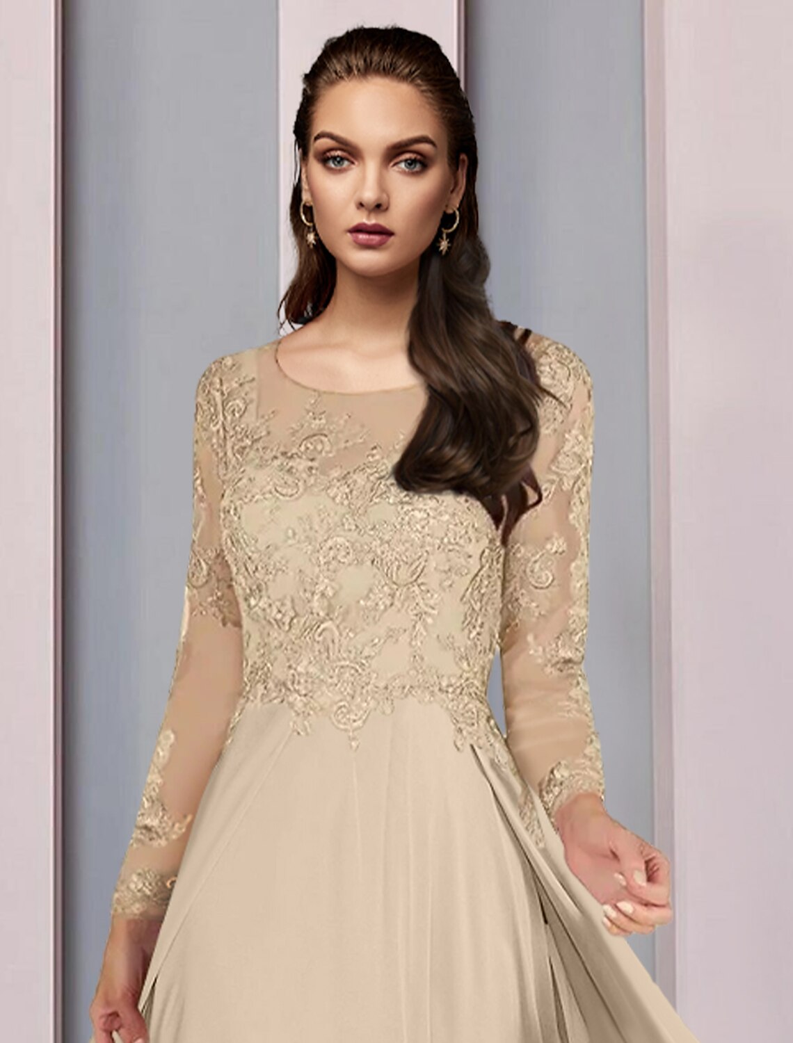 Abito da cerimonia per la madre della sposa, a trapezio, elegante, con scollo a barchetta, lunghezza al pavimento, in chiffon, mezza manica, con arricciature in pizzo