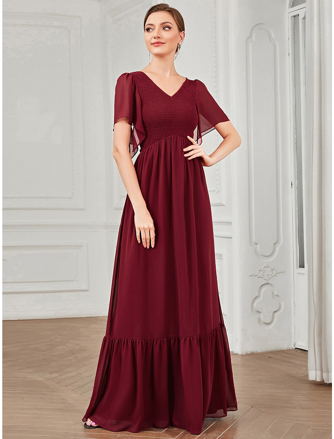 Dark Navy Chiffon A-Line Floor-Length Bridesmaid Dress with V-Neck, Flutter Sleeves & Smocked Bodice