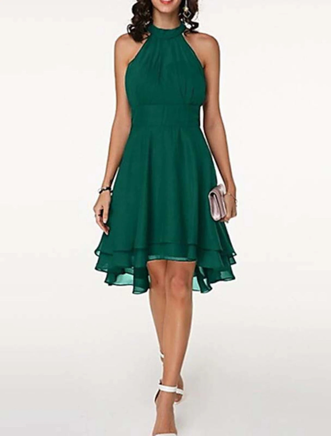 Abiti da festa a trapezio, abiti casual, da invitata a nozze, estivi, lunghezza al ginocchio, senza maniche, scollo all'americana, in chiffon, schiena a V con volant
