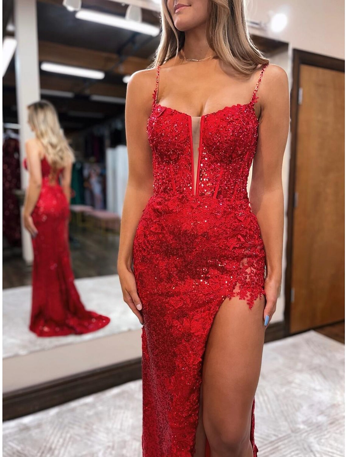 Red Sequin Mermaid V-Neck Gown with High Slit & Criss-Cross Straps