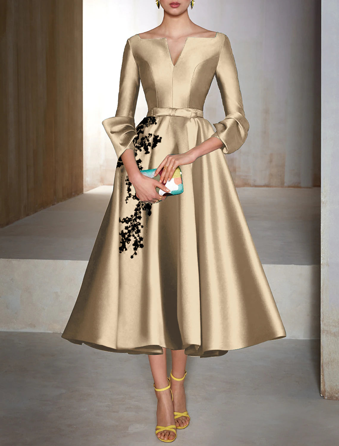 A-Line Cocktail Dresses Christmas Red Green Dress Wedding Guest Tea Length 3/4 Length Sleeve V Neck Satin with Bow(s) Appliques 2025