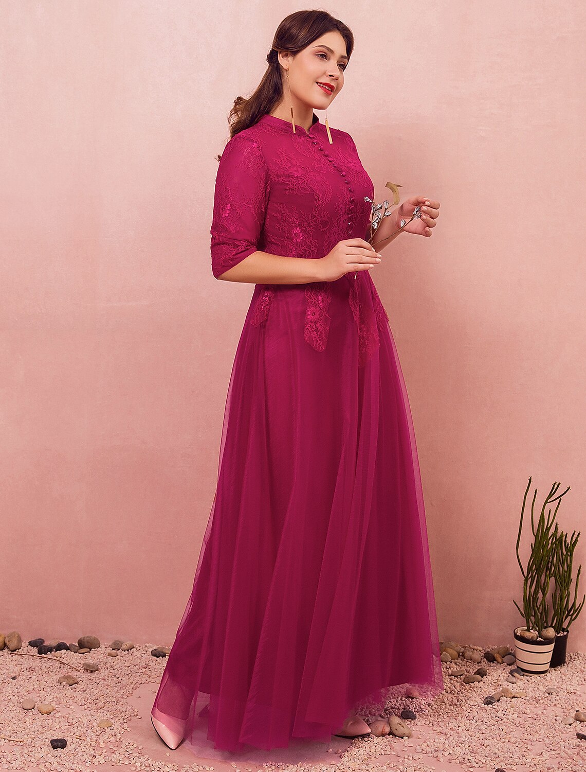 Vestido de noche formal de estilo chino, corte A, talla grande, para compromiso, cuello alto, media manga, largo hasta el suelo, encaje con botones
