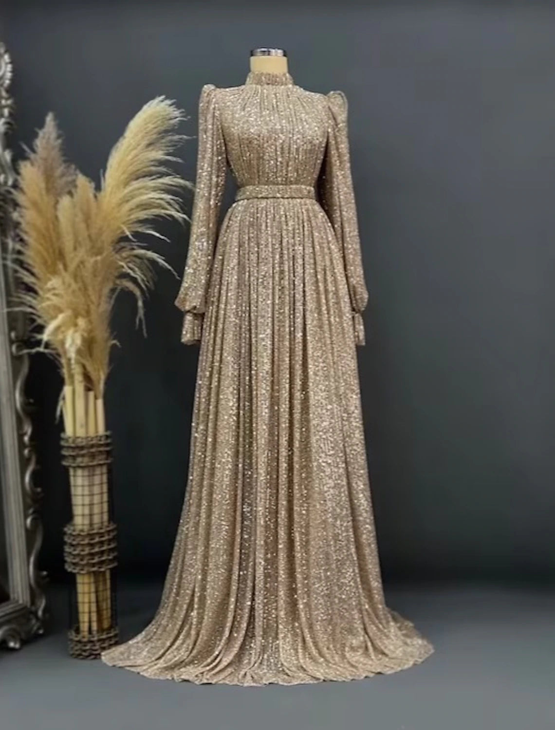 Gold Sequin High Neck A-Line Floor-Length Evening Dress