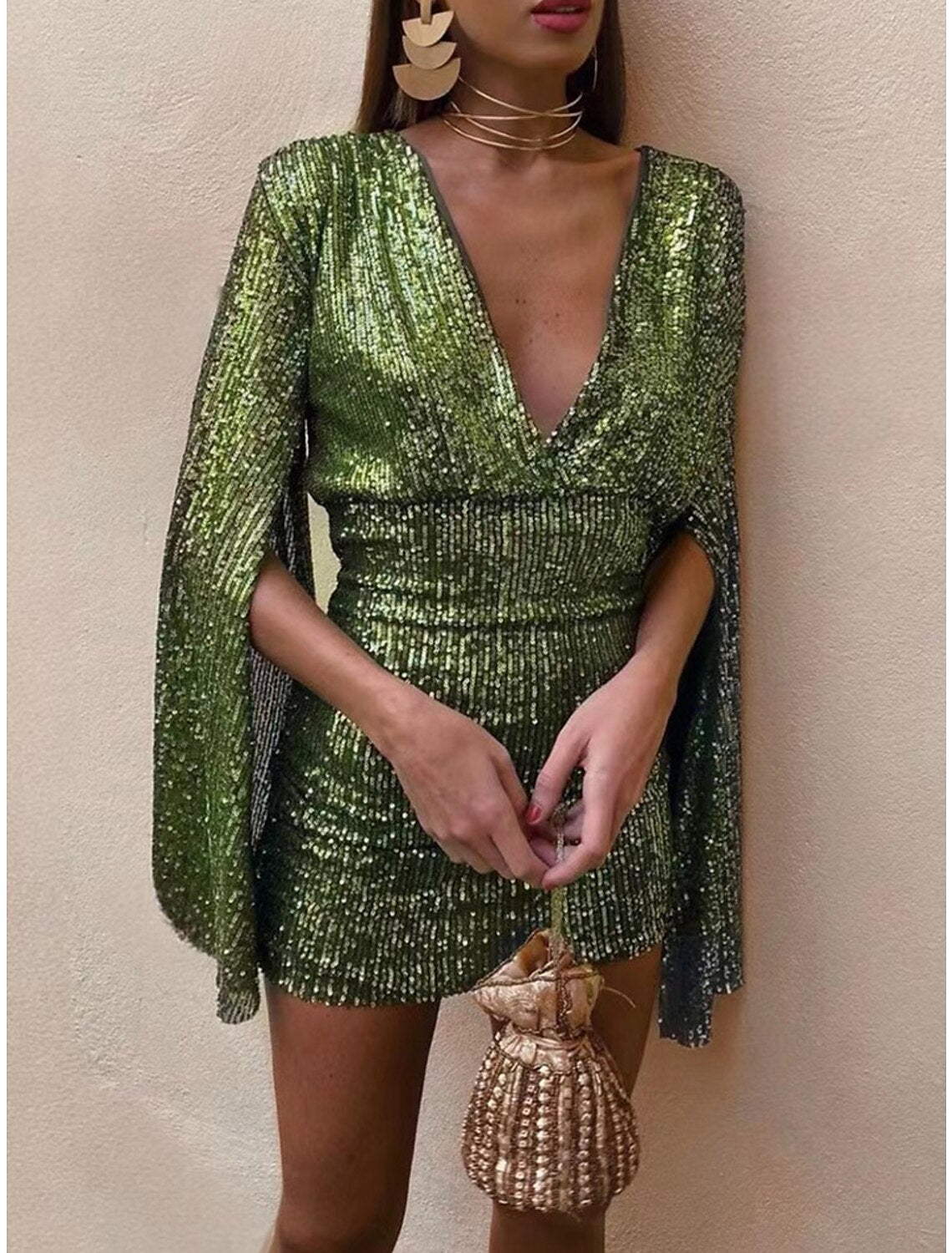 Abito da donna con paillettes, abito da festa, abito scintillante, abito da ballo, abito da cocktail, miniabito, champagne, verde scuro, blu scuro, manica lunga, glitter scintillanti, primavera, autunno, inverno, scollo a V profondo, moda