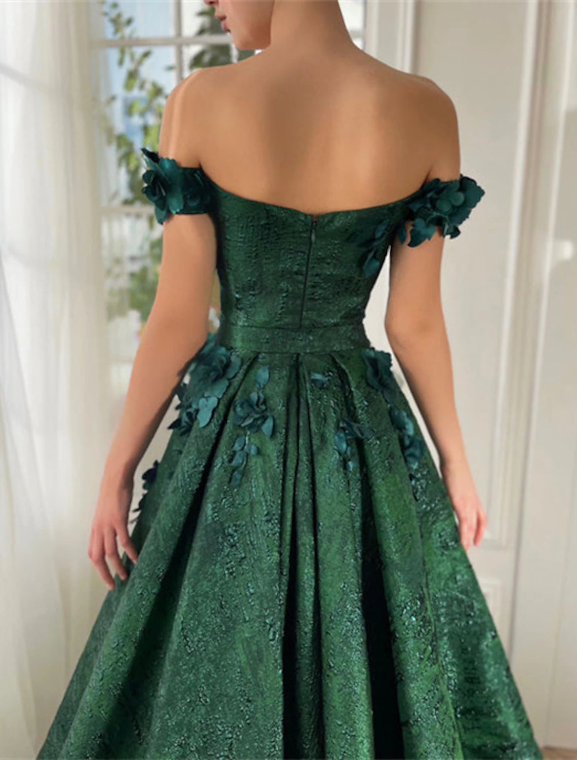 Vestidos de fiesta de corte A, vestido floral, para invitados de boda, fiesta de bodas, cola de corte, sin mangas, hombros descubiertos, satén con apliques de abertura