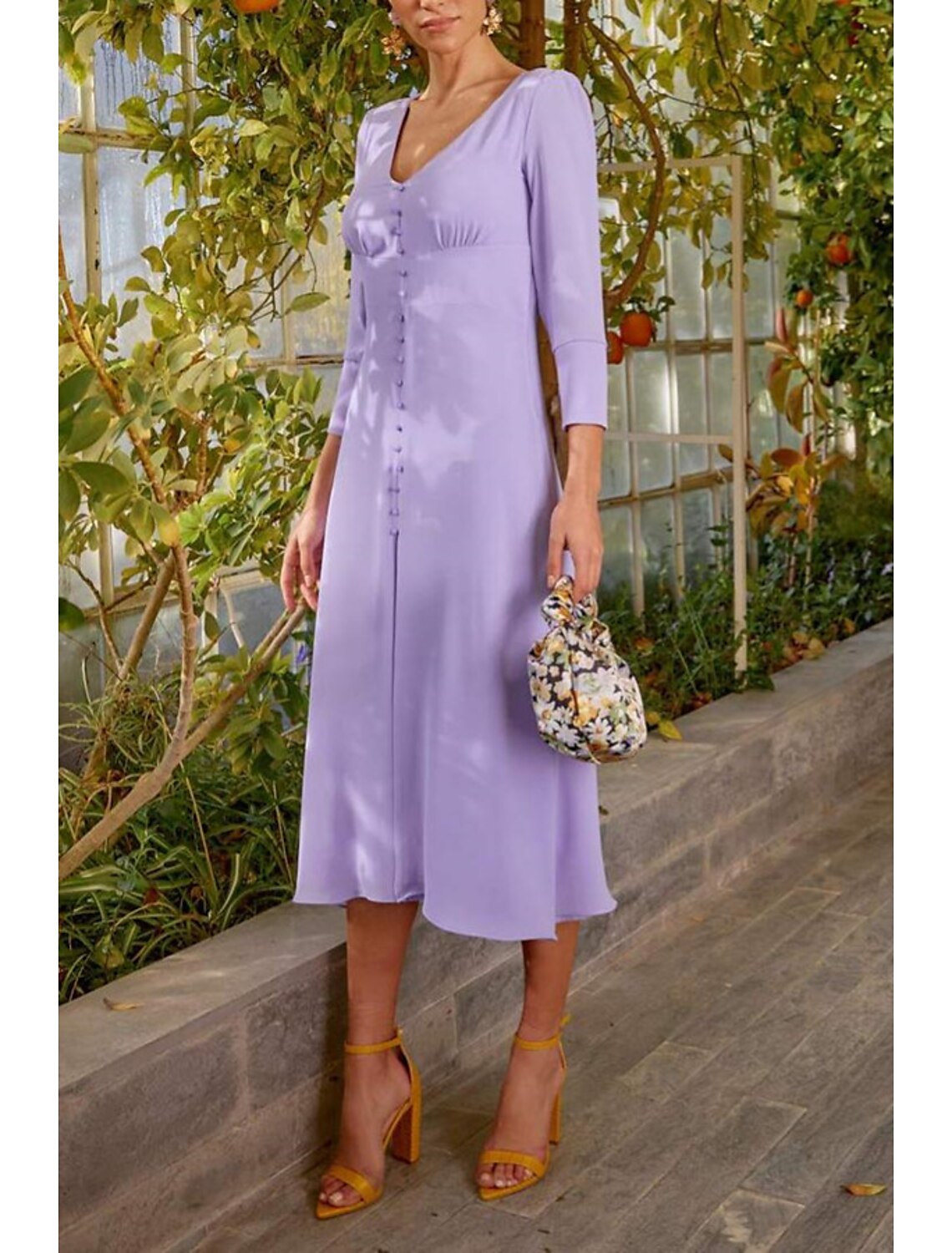 Vestido de cóctel con corte tubo/columna, estilo minimalista, para invitada de boda, graduación, largo hasta la rodilla, manga 3/4, escote en V, gasa con botones.