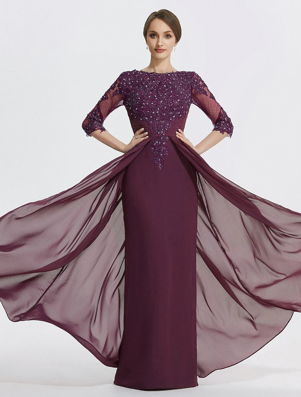 Vestido de madre de la novia con falda larga y cuello redondo, elegante, de gasa, con lentejuelas, escote redondo, largo hasta el suelo, de encaje, manga 3/4 y apliques, con brillo y resplandor.