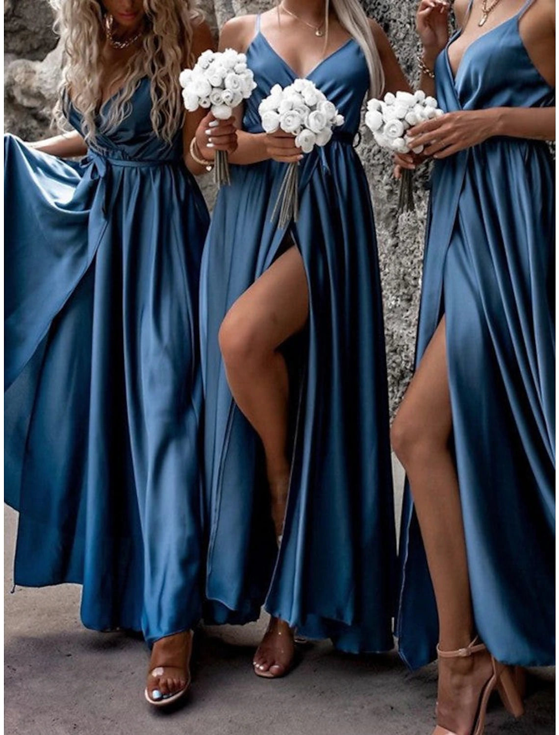 Dark Navy Satin A-Line Floor-Length Bridesmaid Dress with Deep V-Neck and High Slit