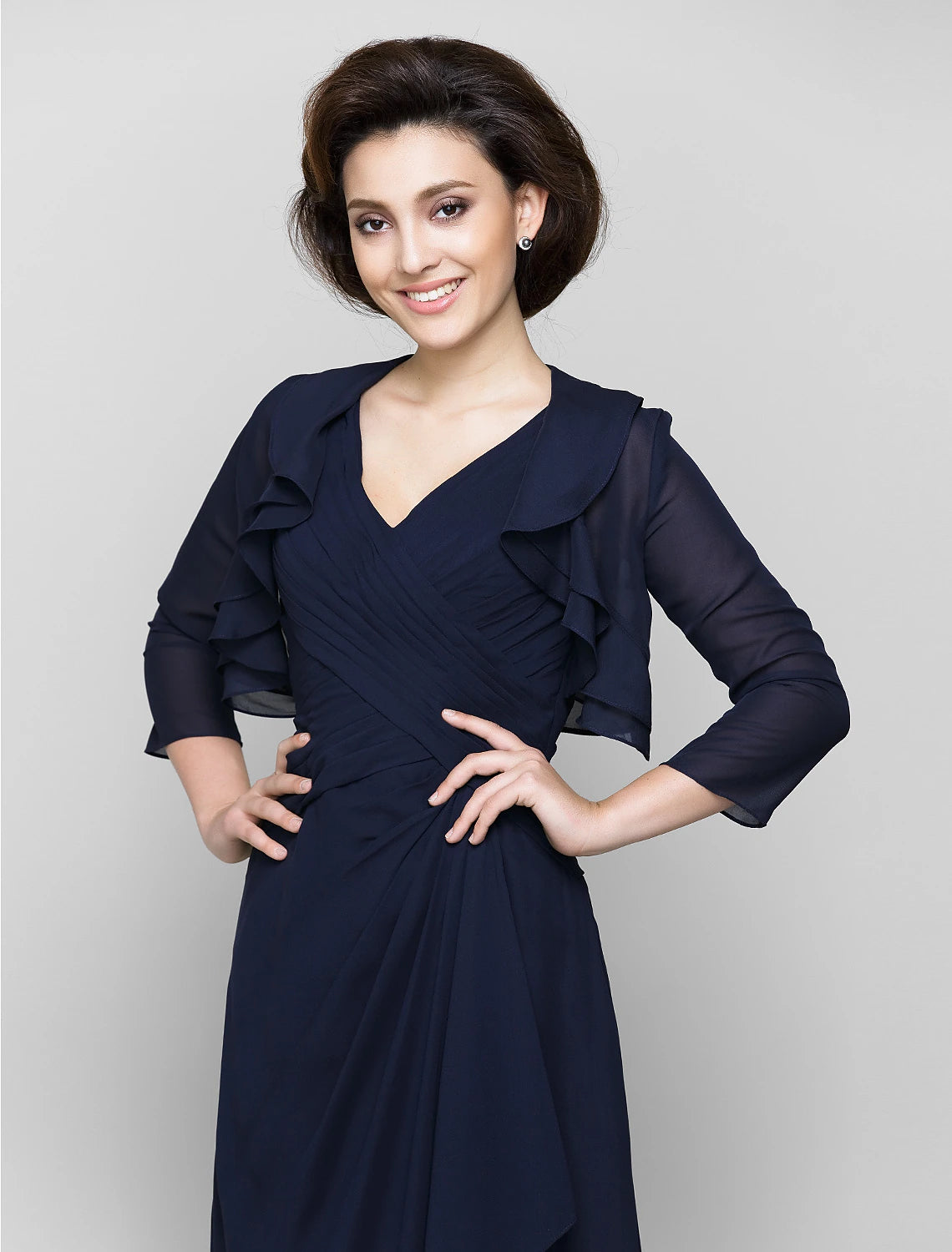 Abito da madre della sposa a tubino/colonna, abito convertibile, scollo a V, lunghezza pavimento, in chiffon, manica a 3/4 con volant a cascata incrociati