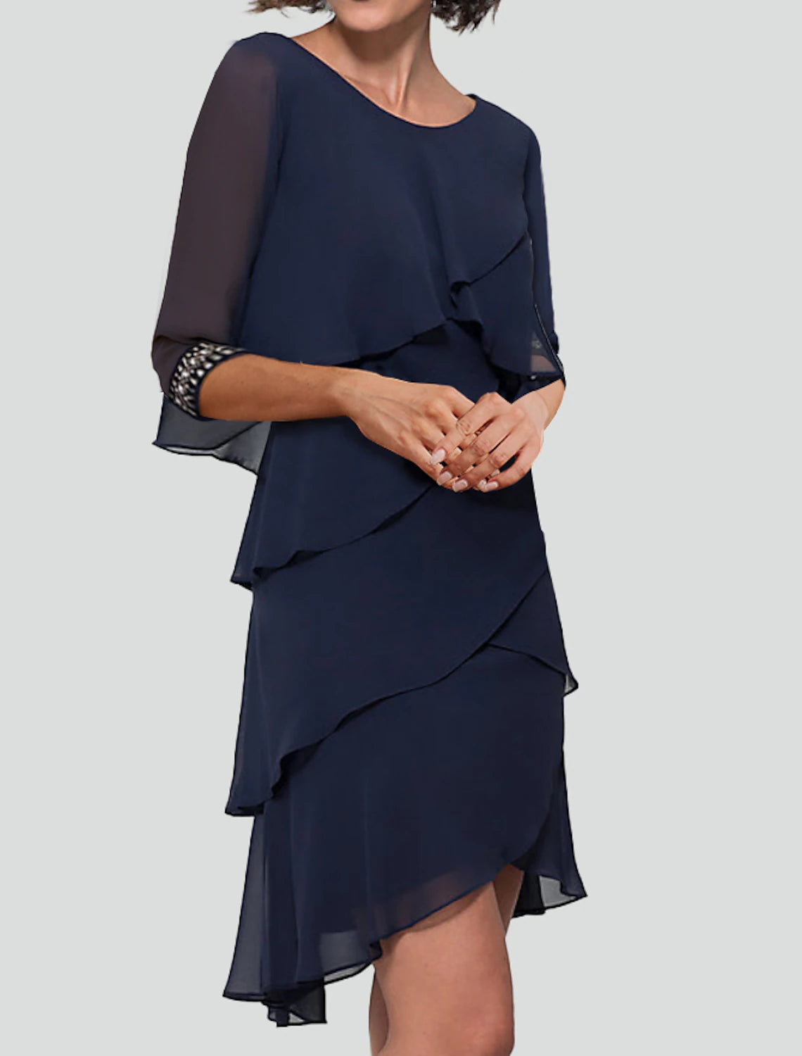 Sheath Party Dress Cocktail Dresses Tiered Plisse Dress Semi Formal Knee Length Half Sleeve Jewel Neck Fall Wedding Guest Chiffon with Rhinestone Ruffles 2025